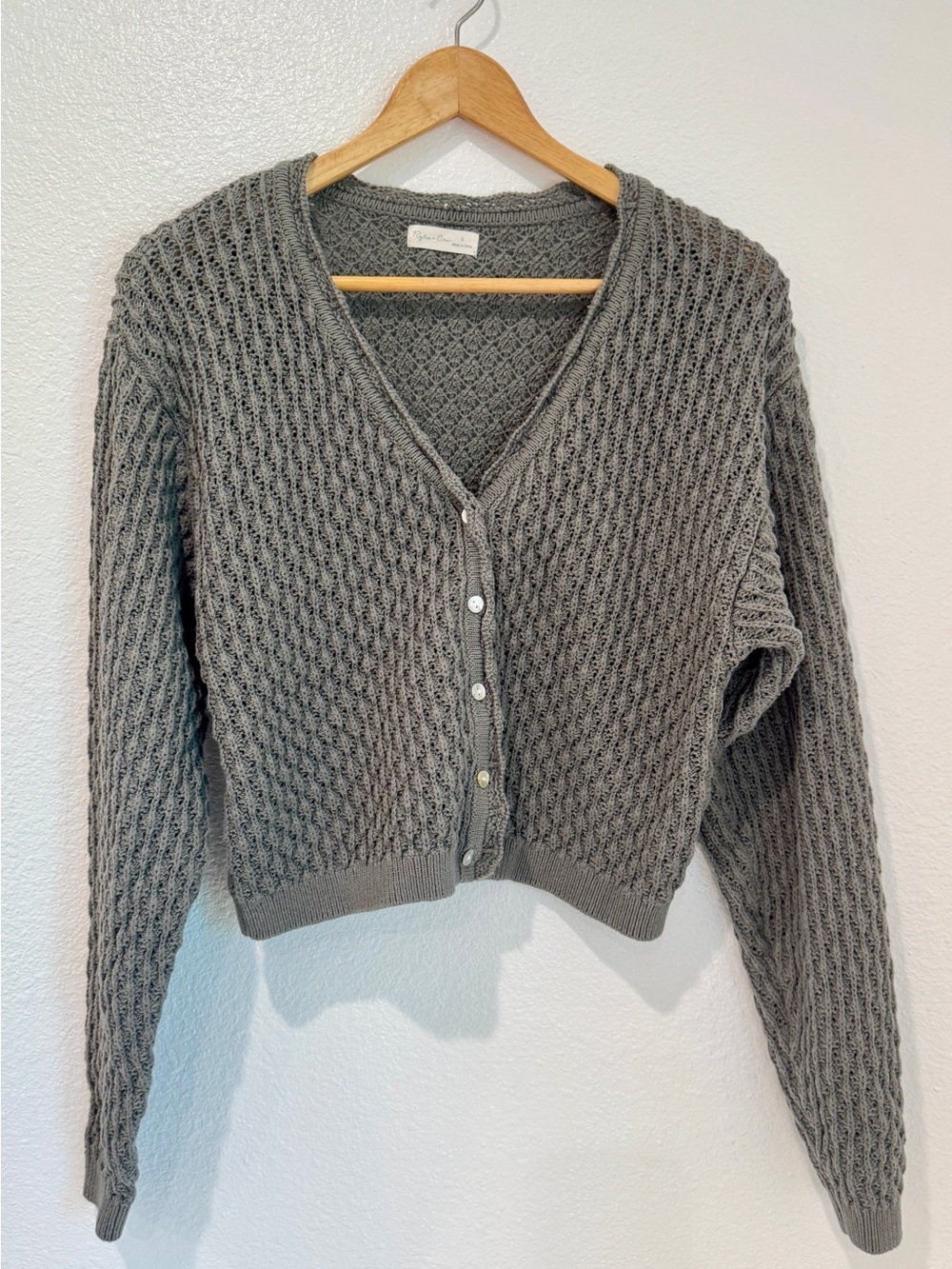 Rylee + Cru Grey Pointelle Open Knit Cropped Cardigan Cottagecore Soft Girl S